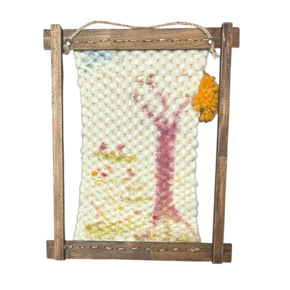 Vtg Handmade Fiber Art Tree Scene Weaving Rug Hooking Wool Felting Boho Wall Art - Picture 4 of 6